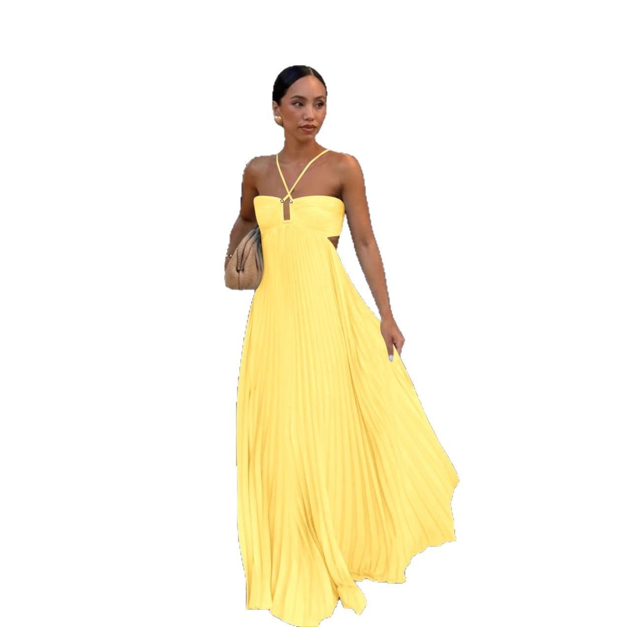 Robe Longue Plissée Sans Manches à Dos Nu – Élégance & Séduction