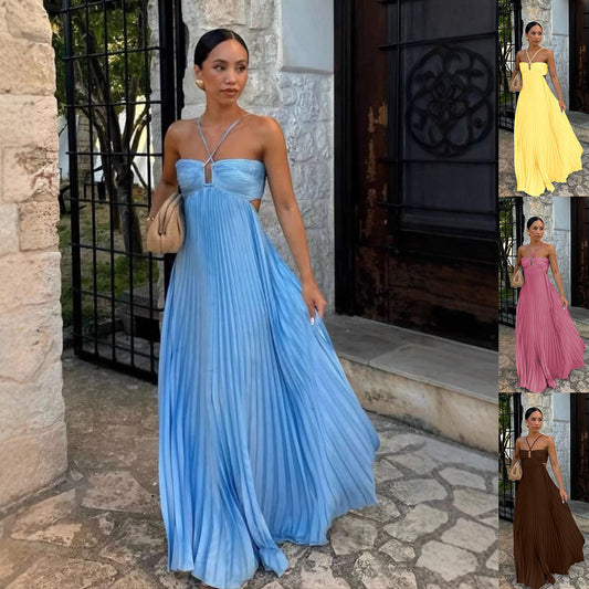 Robe Longue Plissée Sans Manches à Dos Nu – Élégance & Séduction