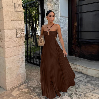 Robe Longue Plissée Sans Manches à Dos Nu – Élégance & Séduction