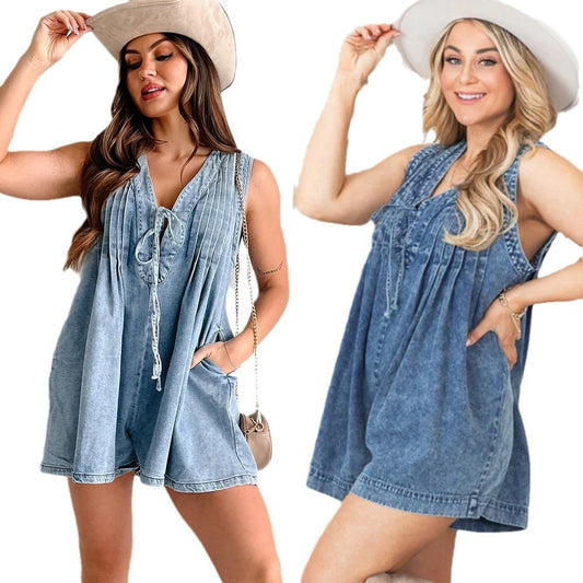 Combinaison en Jean sans Manches à Manches Courtes et Short