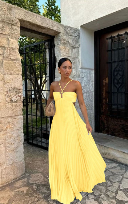 Robe Longue Plissée Sans Manches à Dos Nu – Élégance & Séduction