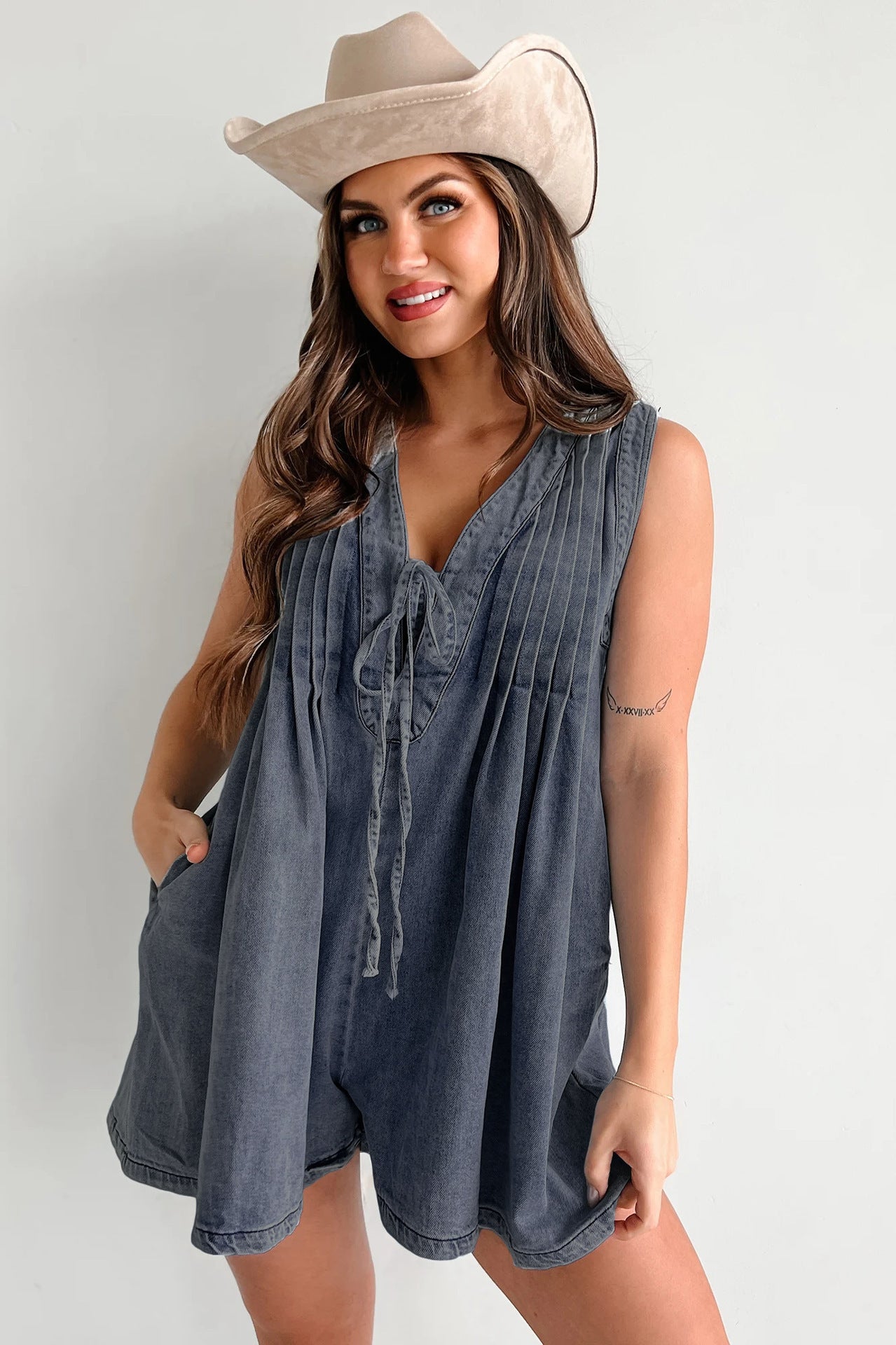 Combinaison en Jean sans Manches à Manches Courtes et Short