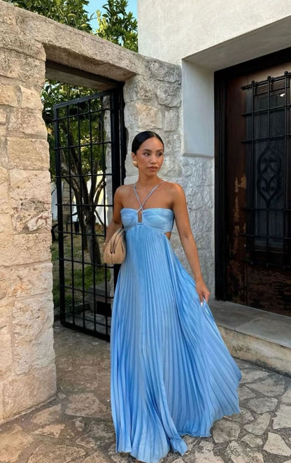Robe Longue Plissée Sans Manches à Dos Nu – Élégance & Séduction