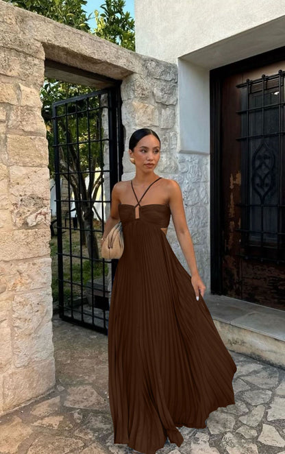 Robe Longue Plissée Sans Manches à Dos Nu – Élégance & Séduction